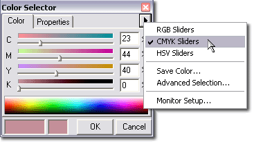 Color Selector showing the menu that is shown be black triangle button