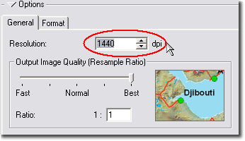 The portion of the Export dialog that shows the resolution and output image quality settings