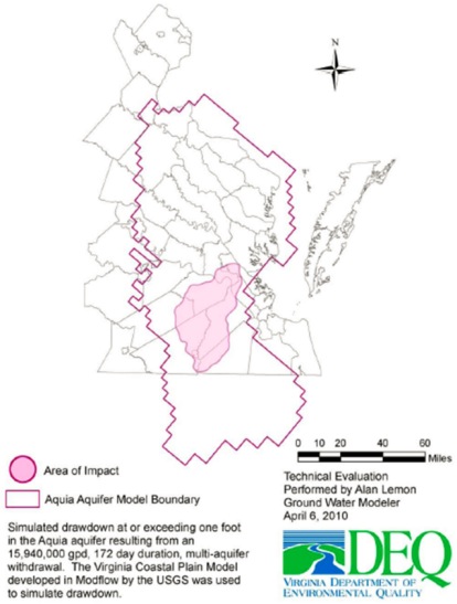 Map showing simulated areas of impact as part of a well permitting workflow