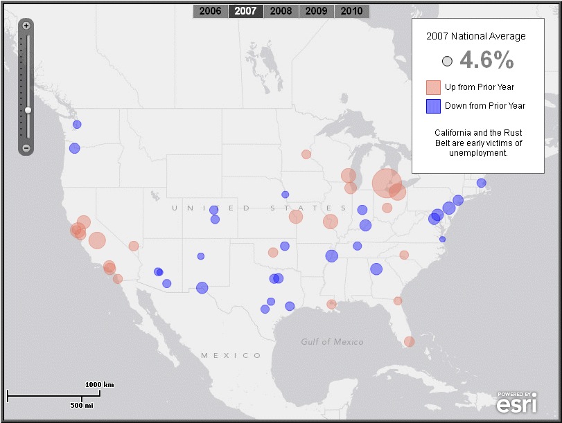 “Tale of 50 Cities: Unemployment” tells the story of U.S. unemployment geographically.