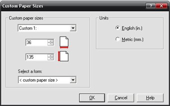 custom paper sizes dialog box