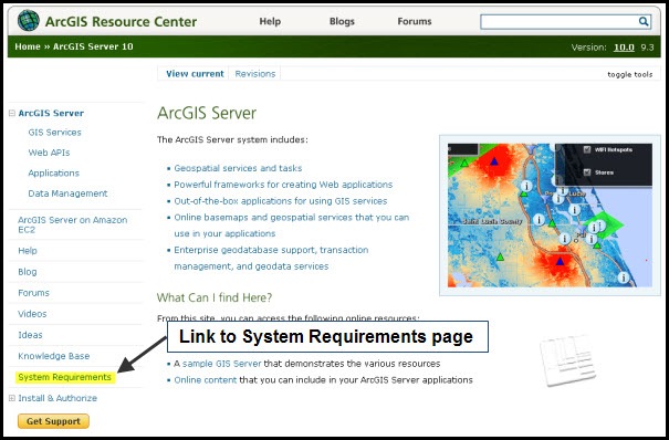 ArcGIS Server product page with sys req. link highlighted