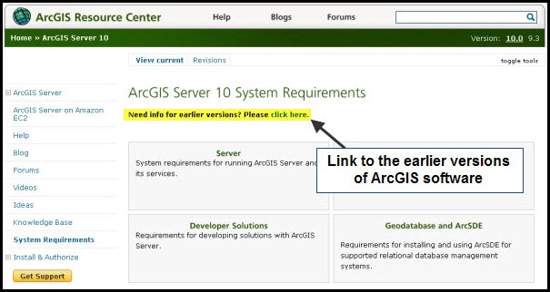 ArcGIS Server 10 System Req. page with the link to earlier versions